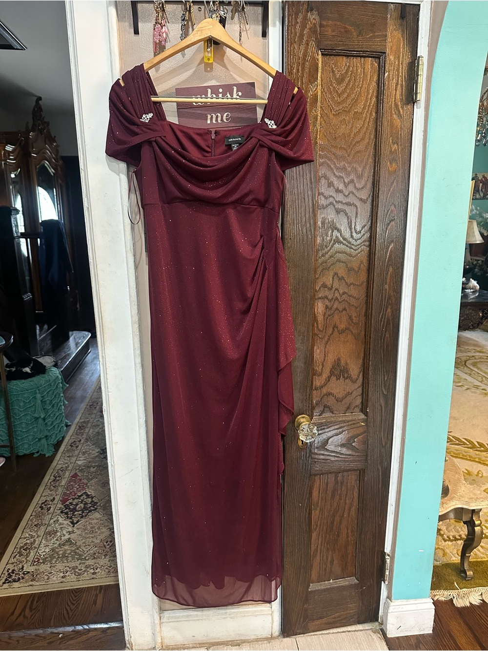 R&M Richards Burgundy Evening Maxi with Draped Off-Shoulder